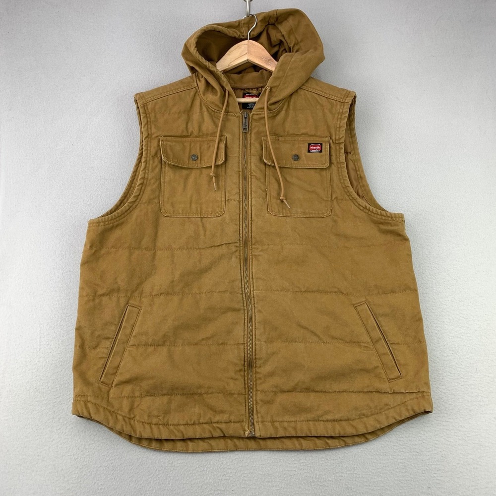 Wrangler Workwear Hooded Vest Men 2XL Brown‎ Canvas Quilt Lined Utility Jacket
